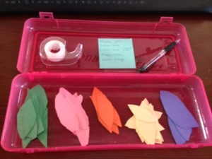Our pencil box, with leaves ready to go
